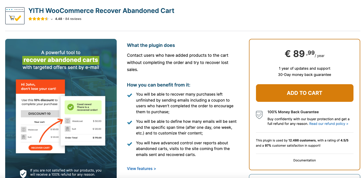 YITH Woocommerce recover abandoned cart plugin